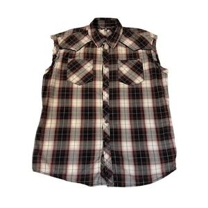 Affliction Mens Plaid Sleeveless Button Down Shirt Embroidered Western 2XL Edgy